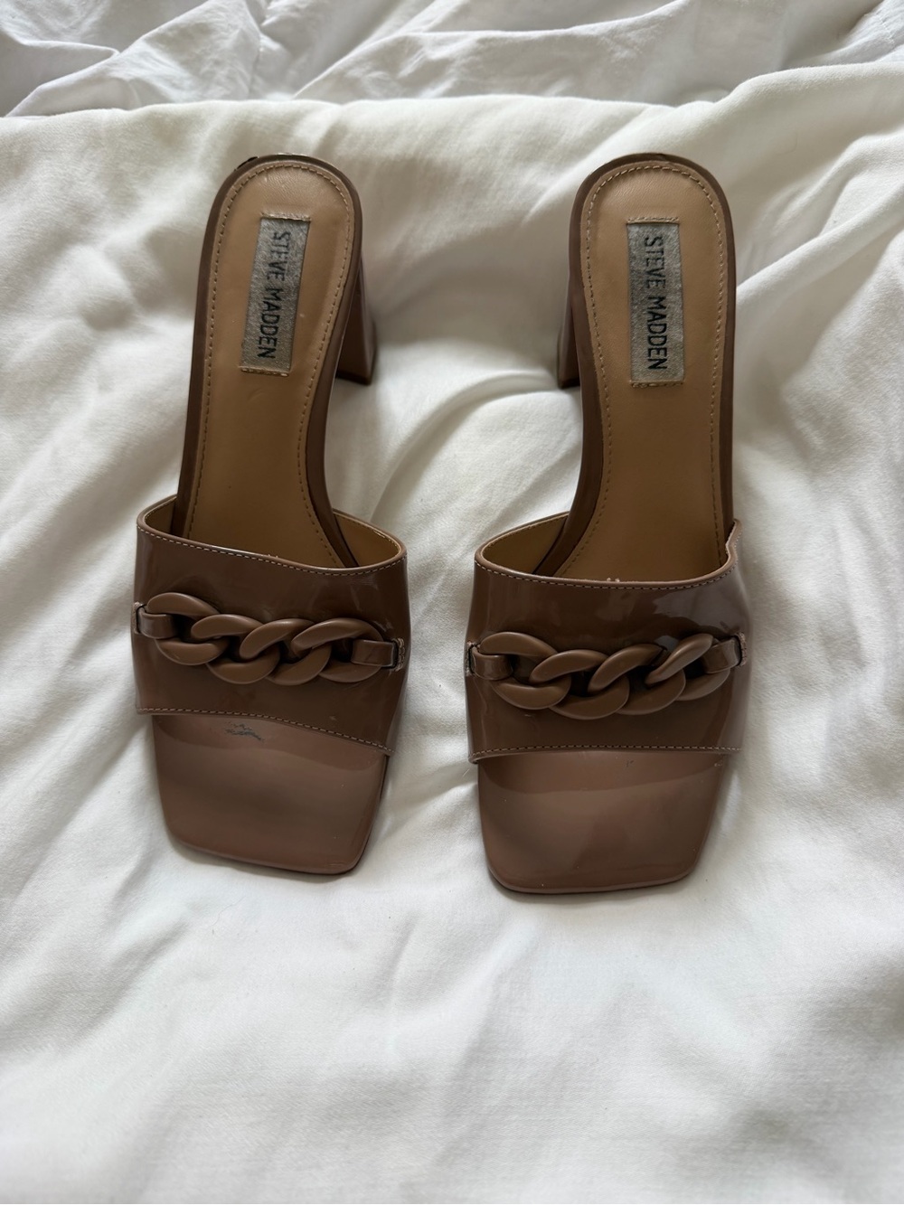 Steve Madden Brown Patent Chain-Detail Square-Toe Mules